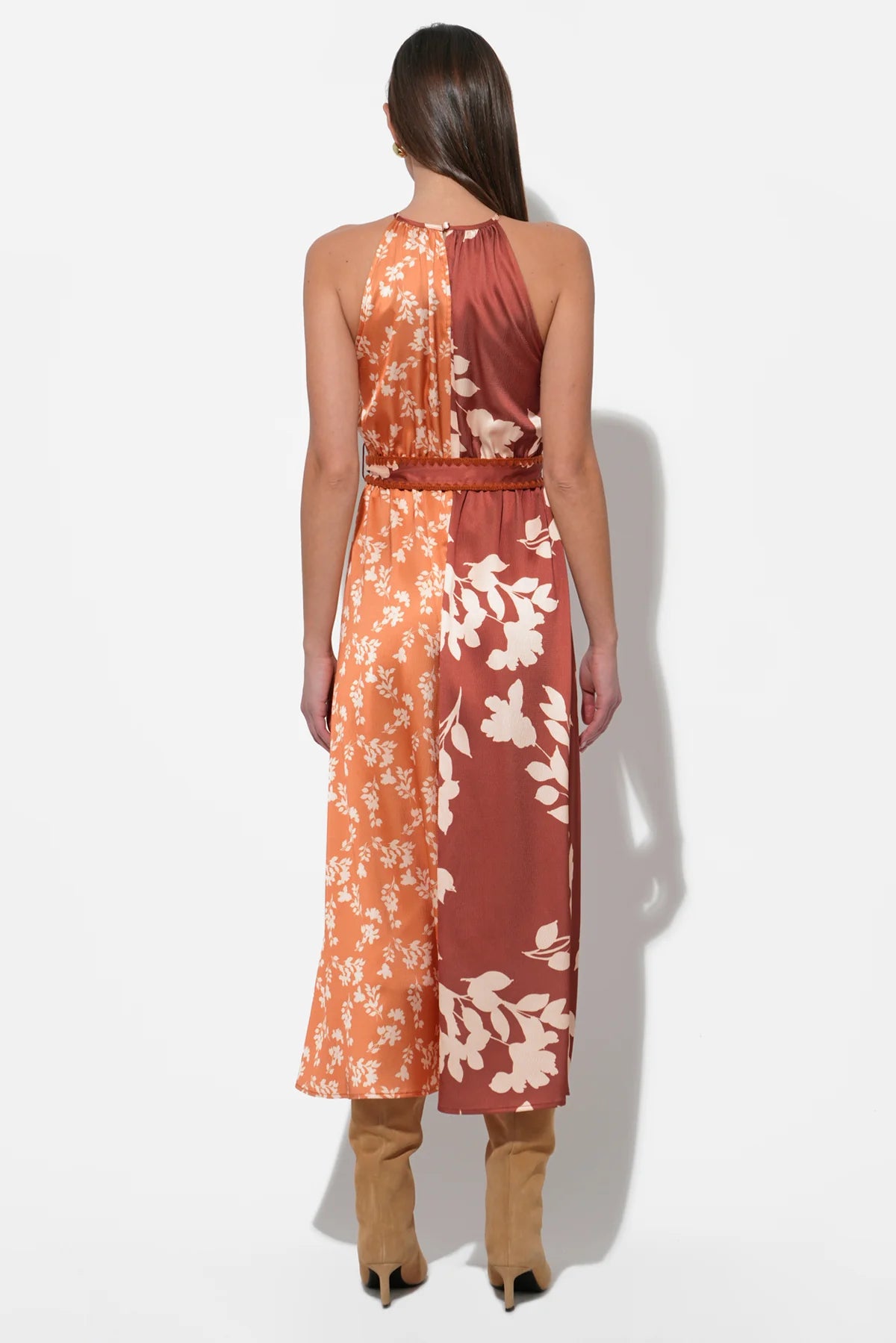 Sandi Two Toned Halter Midi Dress - Marigold/Brown - BAY WINDOW