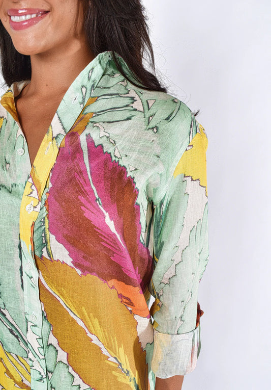 Yellow Leaf Midi Dress - Pink/Yellow