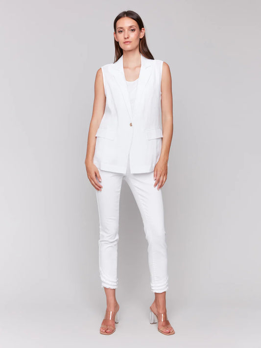 Sleeveless Vest with Tailor Collar & 1 Button - White - BAY WINDOW