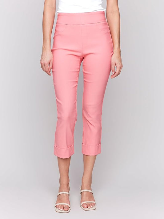 Solid Pull On Stretch Cropped Cuffed Pant - Watermelon - BAY WINDOW