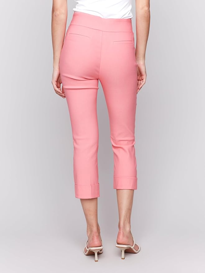 Solid Pull On Stretch Cropped Cuffed Pant - Watermelon - BAY WINDOW