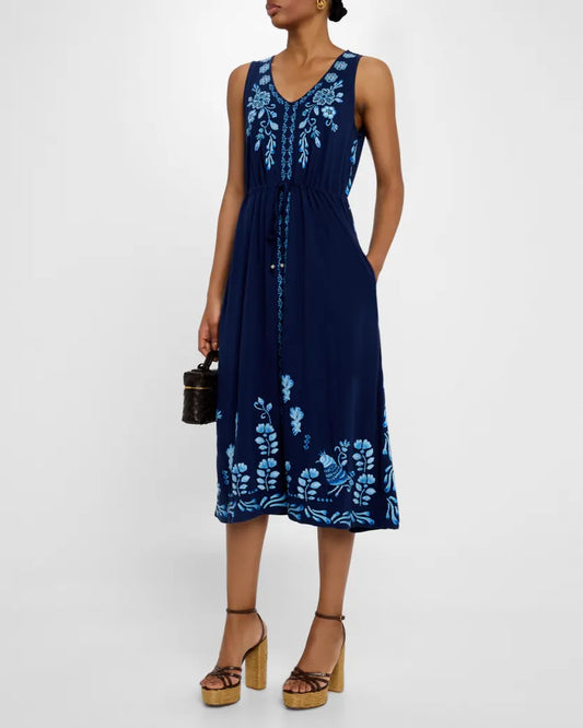 Yadira V-Neck Drawstring Knit Dress - Blue Night - BAY WINDOW