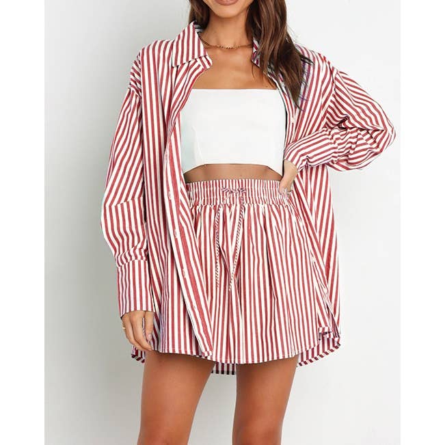 Striped Oversized Shirt and Drawstring Shorts Set