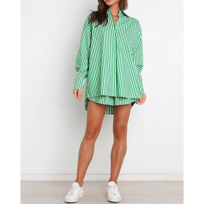 Striped Oversized Shirt and Drawstring Shorts Set