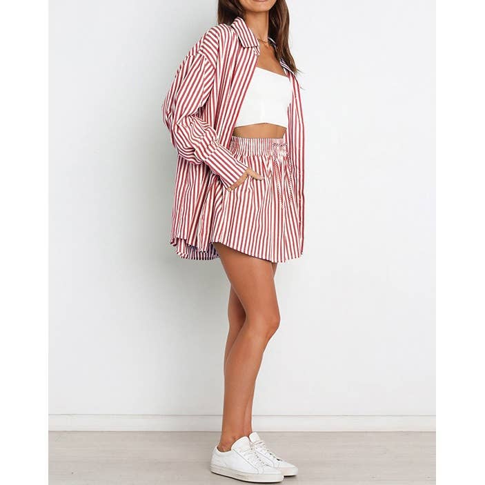 Striped Oversized Shirt and Drawstring Shorts Set