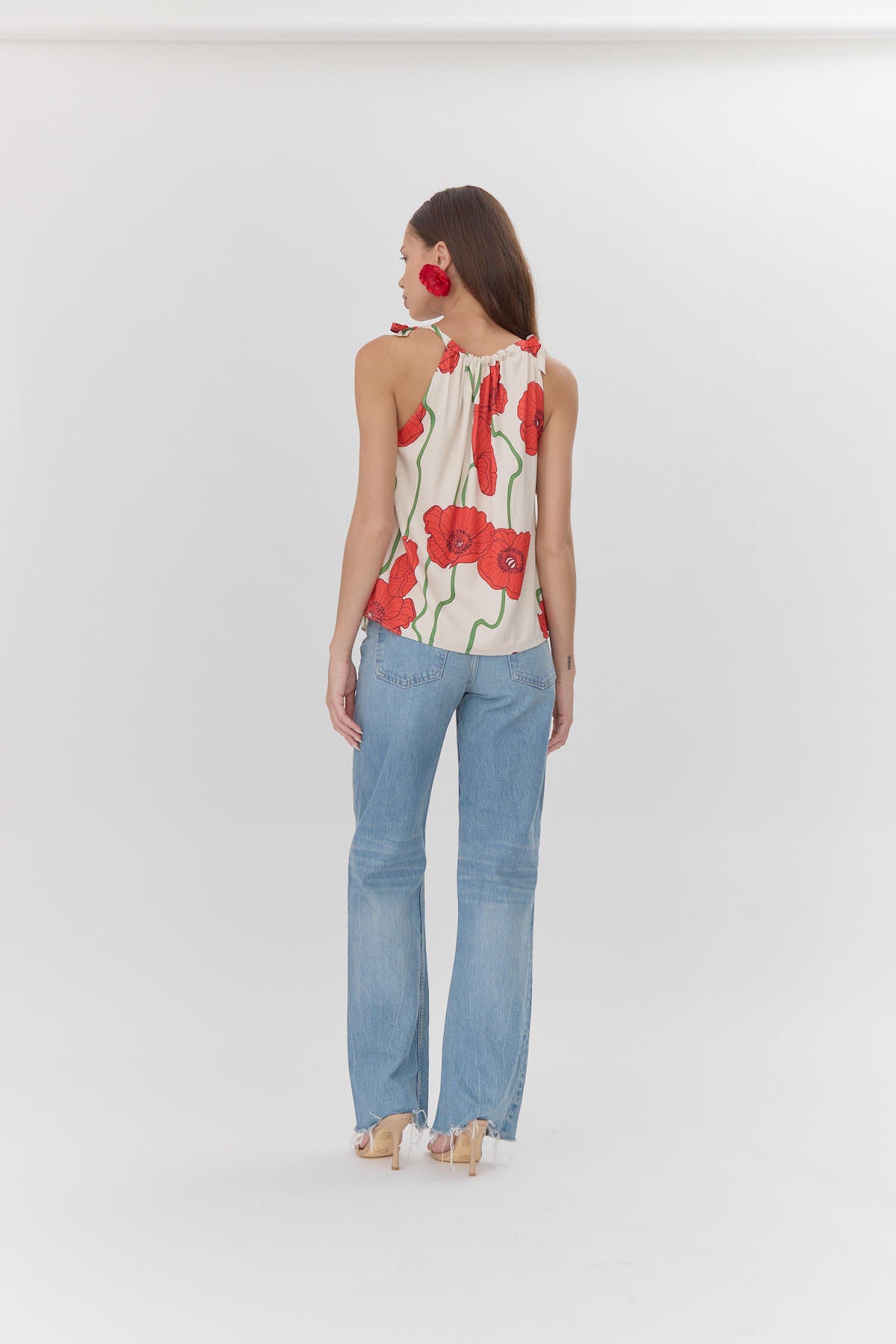 Anaia Abstract Rose Print Side Tie Top - Cream/Red - BAY WINDOW