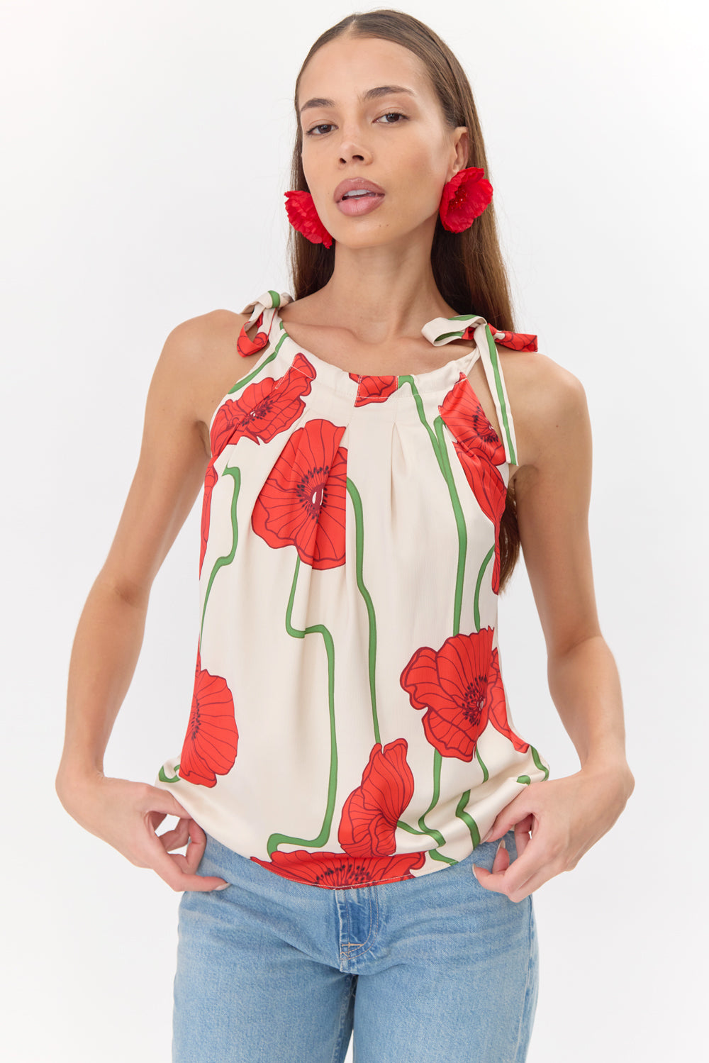 Anaia Abstract Rose Print Side Tie Top - Cream/Red - BAY WINDOW