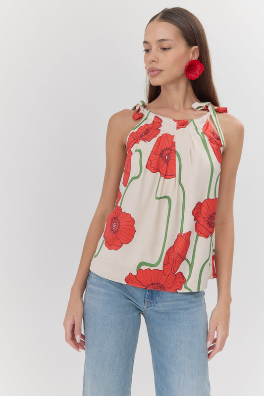 Anaia Abstract Rose Print Side Tie Top - Cream/Red - BAY WINDOW