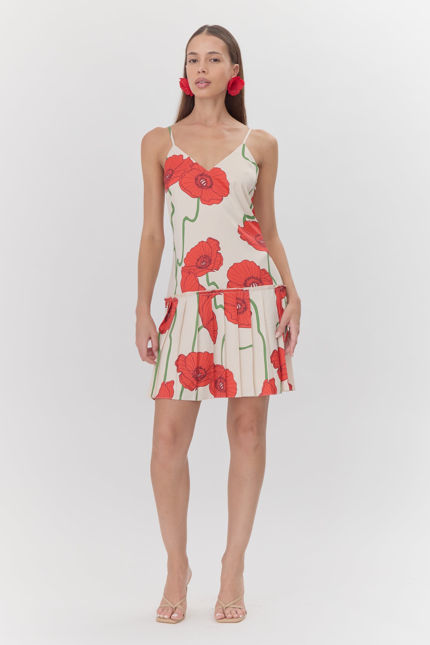 Camila Abstract Rose Print Pleated Mini Dress - Cream/Red - BAY WINDOW
