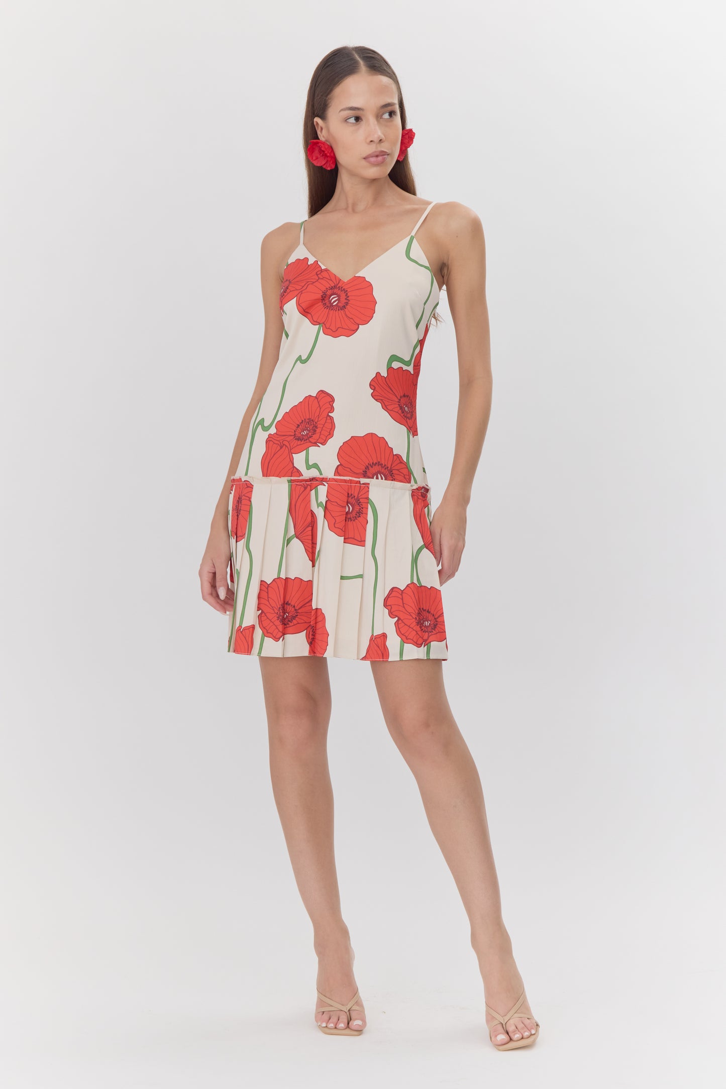 Camila Abstract Rose Print Pleated Mini Dress - Cream/Red - BAY WINDOW