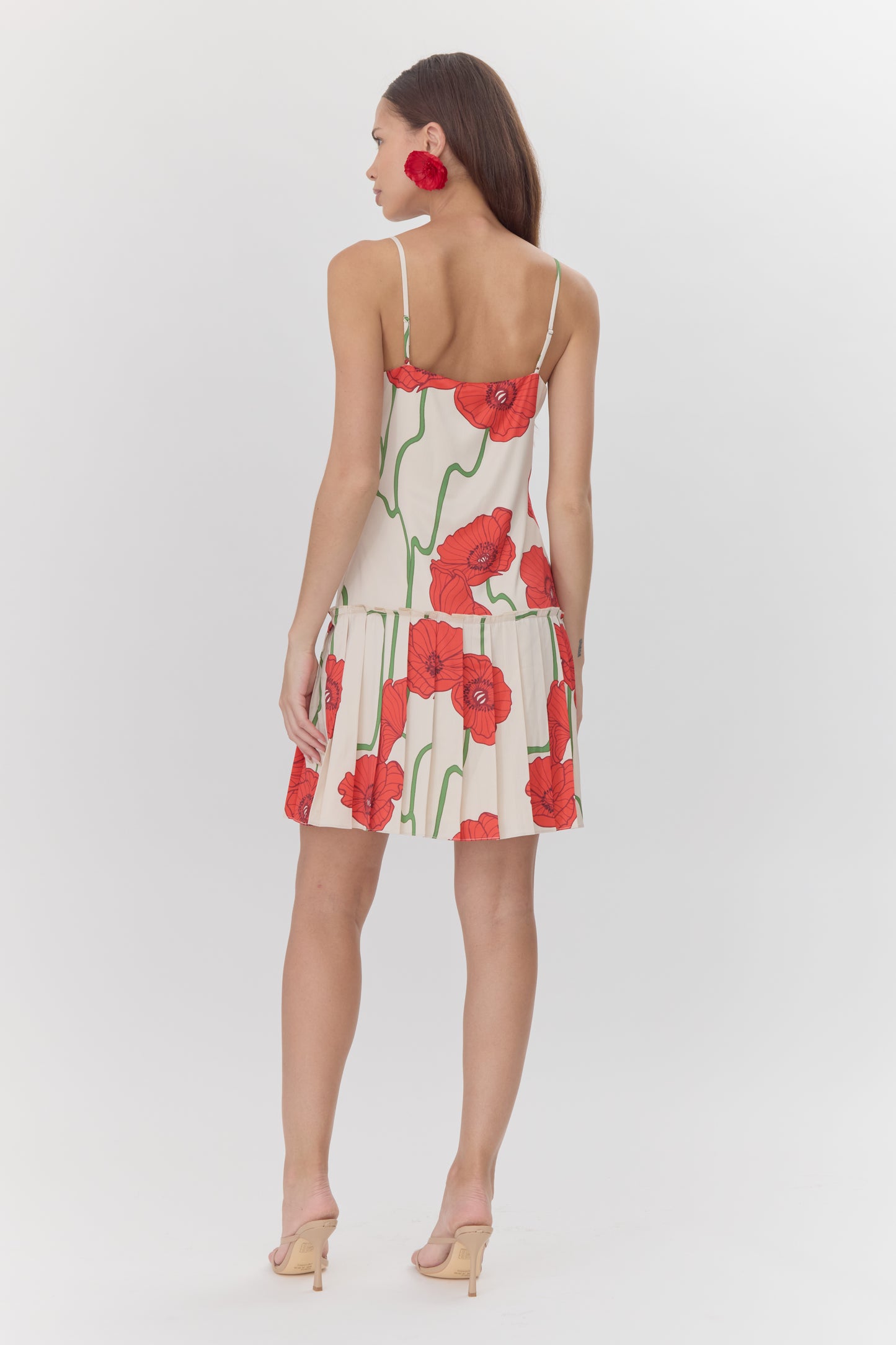 Camila Abstract Rose Print Pleated Mini Dress - Cream/Red - BAY WINDOW