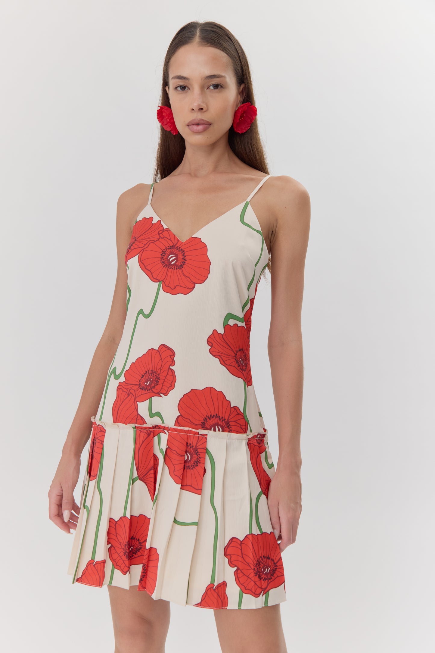 Camila Abstract Rose Print Pleated Mini Dress - Cream/Red - BAY WINDOW