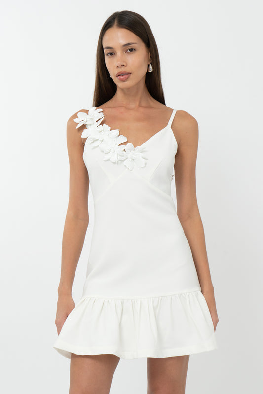 Mirabel Floral Applique Ruffle Mini Dress - Ivory - BAY WINDOW