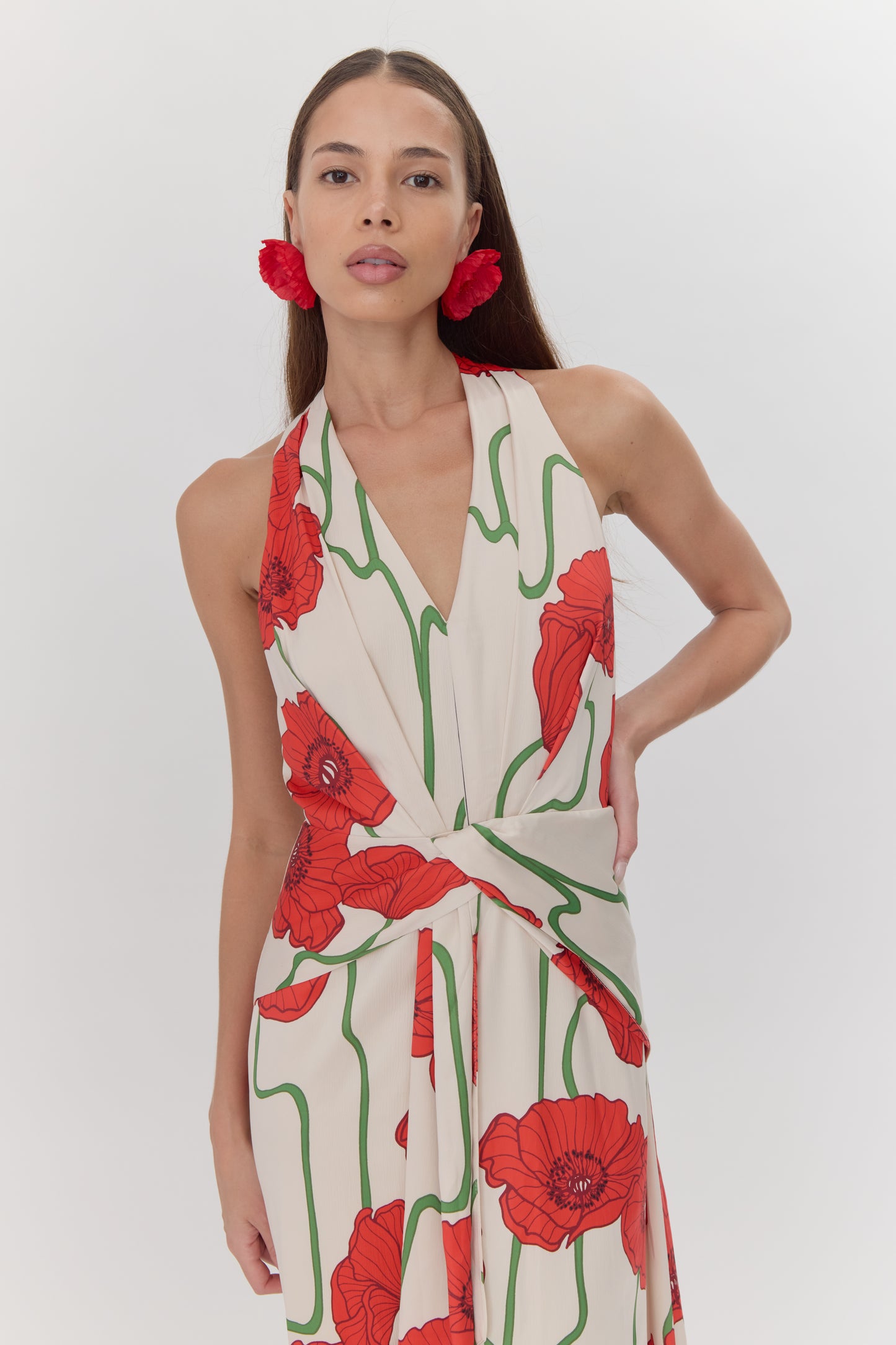 Rosalyn Abstract Rose Print Maxi Dress - Cream/REd - BAY WINDOW