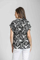 Printed Wrap Blouse w/ Tabbed Cuffs - Black/White - BAY WINDOW