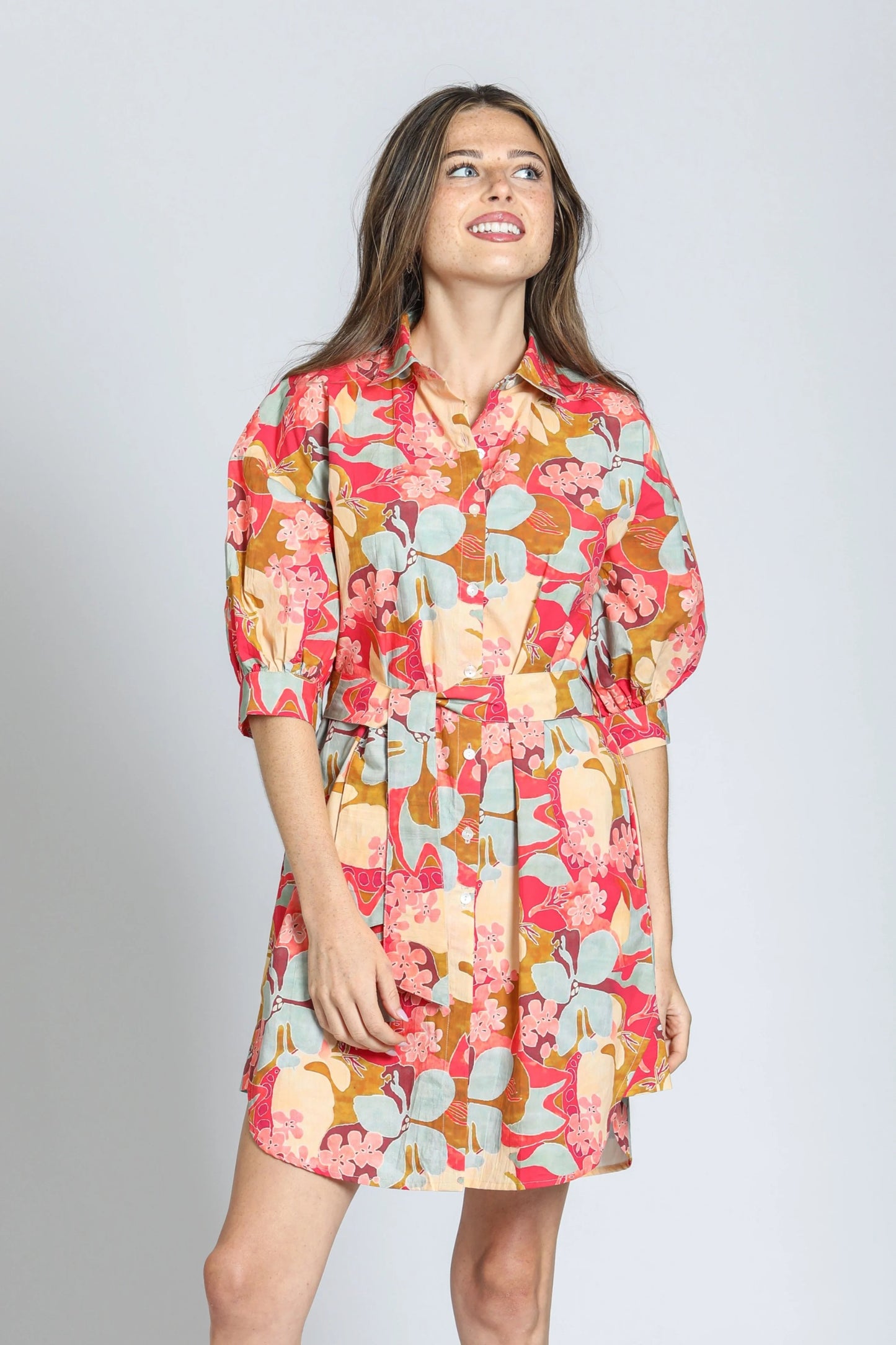 Belted Dress w/ Puff Sleeves - Coral Multi - BAY WINDOW