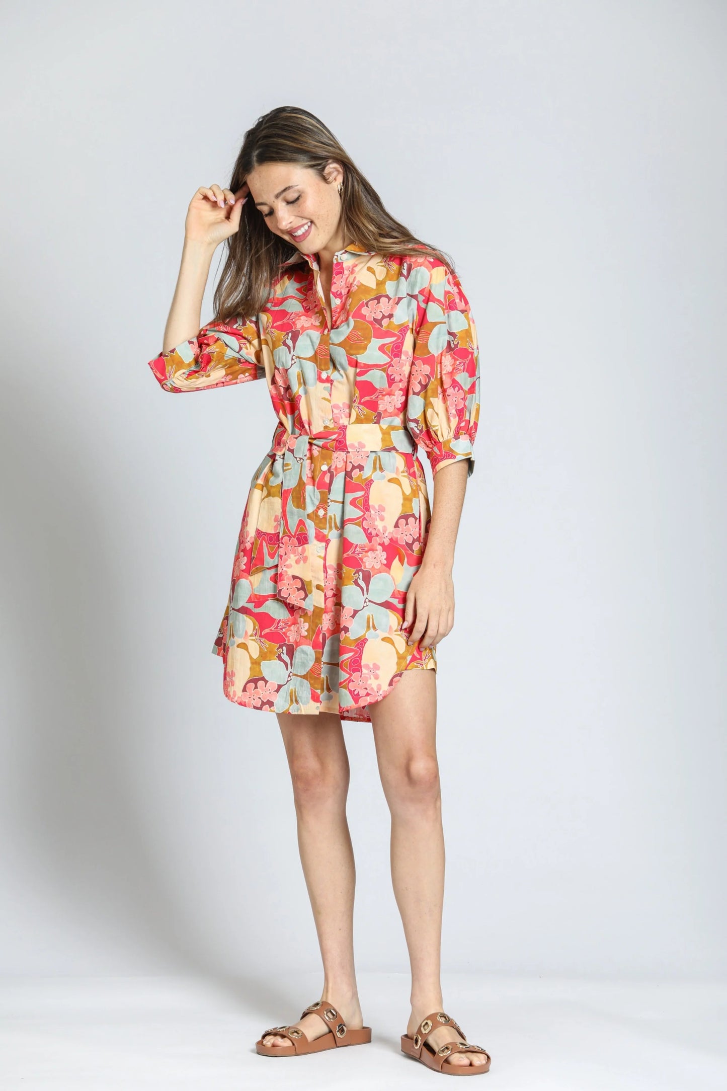 Belted Dress w/ Puff Sleeves - Coral Multi - BAY WINDOW