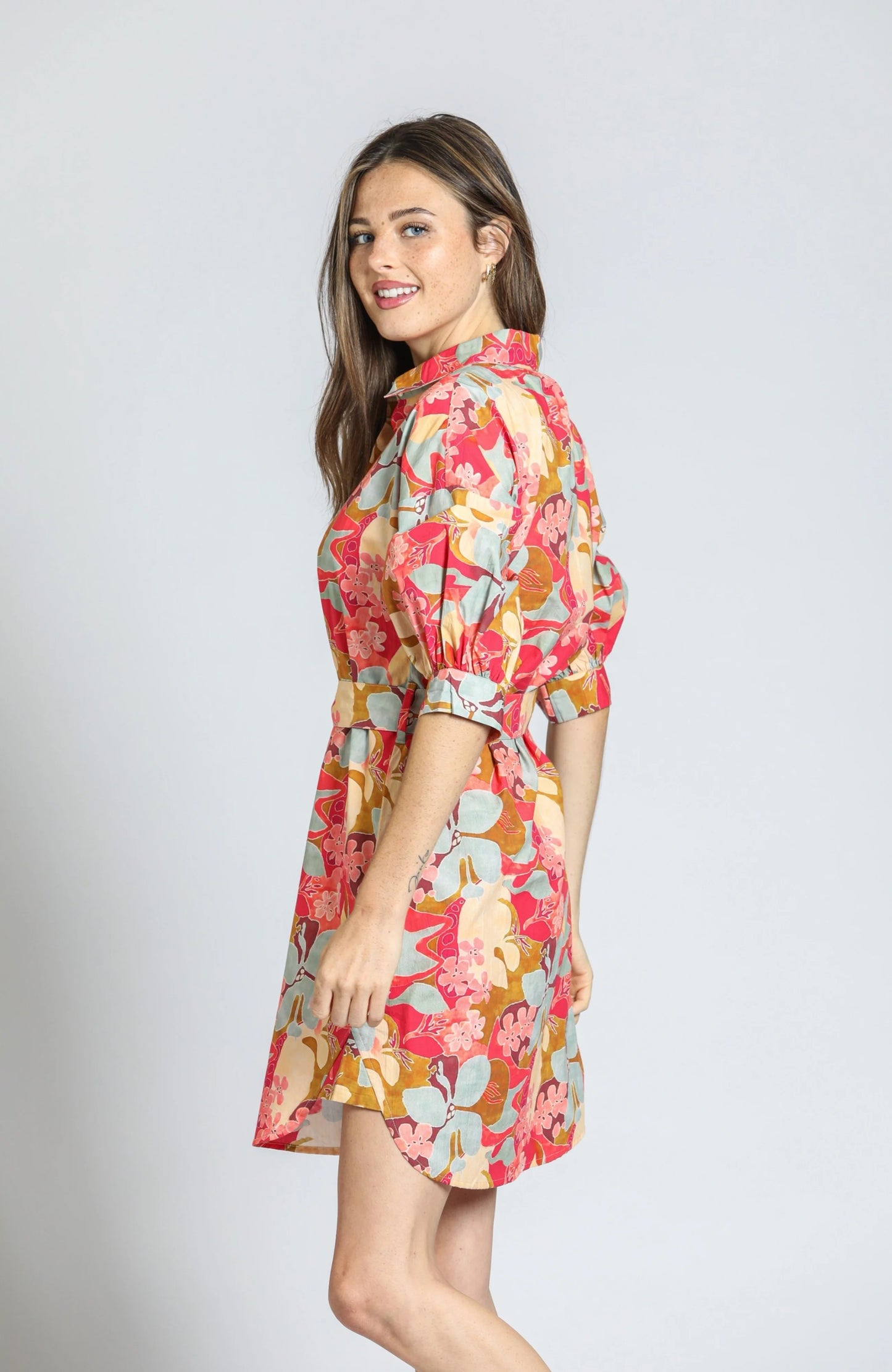Belted Dress w/ Puff Sleeves - Coral Multi - BAY WINDOW