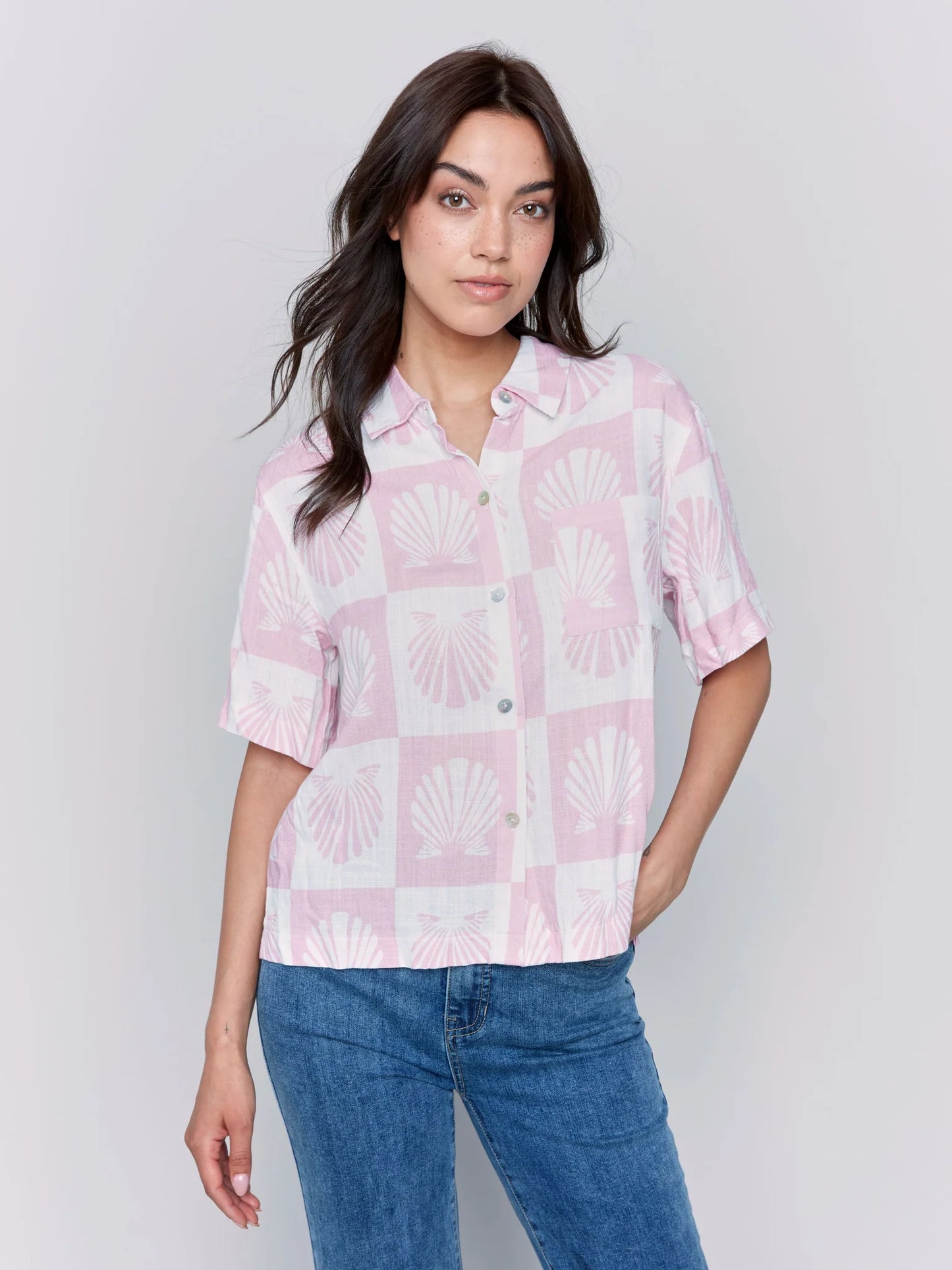 Short Sleeves Printed Woven Blouse with 1 Chest Pocket - Shell - BAY WINDOW