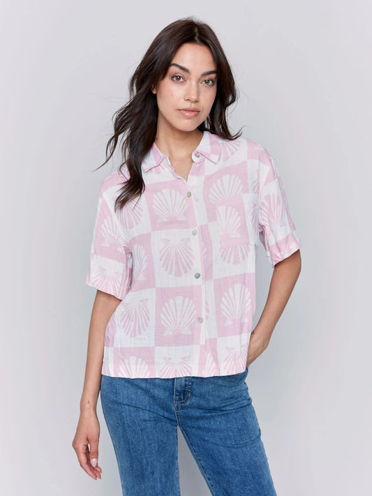 Short Sleeves Printed Woven Blouse with 1 Chest Pocket - Shell - BAY WINDOW