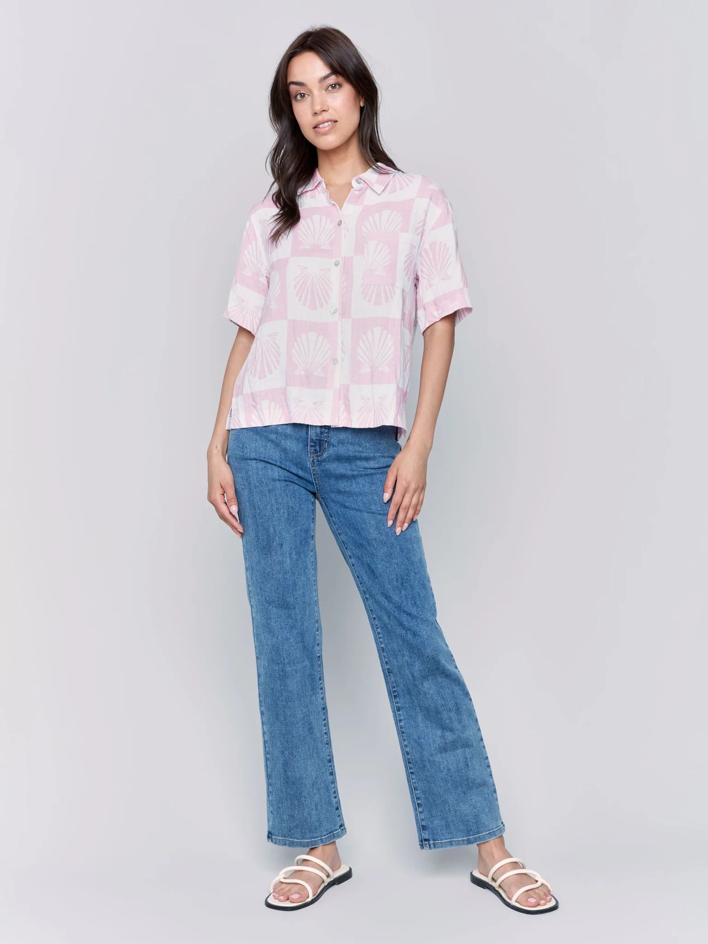 Short Sleeves Printed Woven Blouse with 1 Chest Pocket - Shell - BAY WINDOW