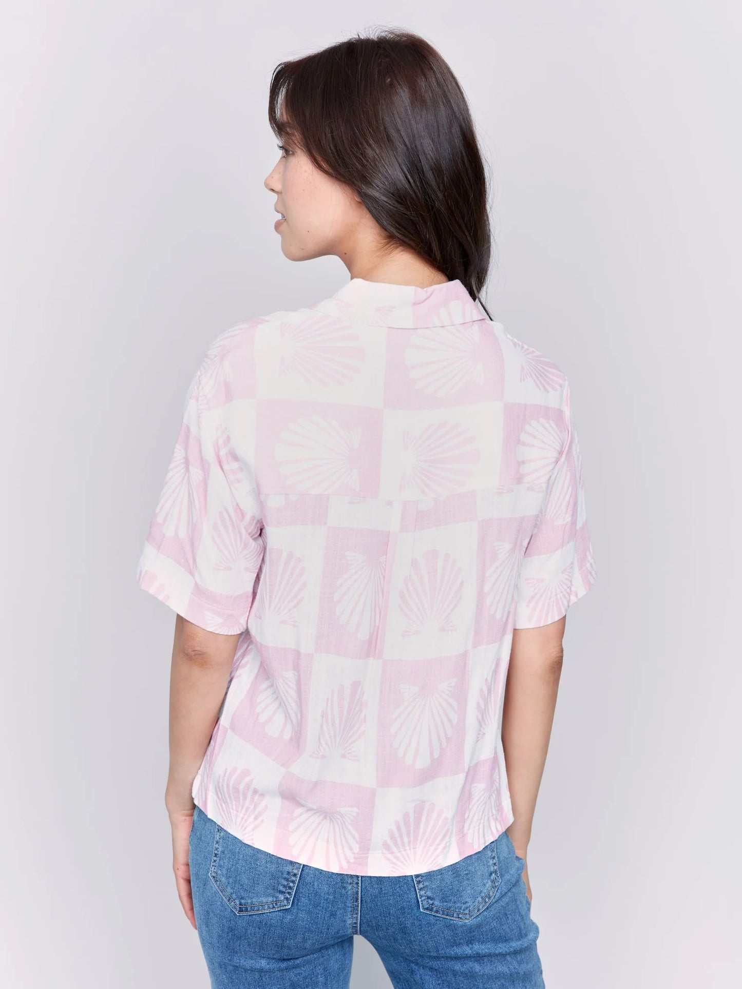 Short Sleeves Printed Woven Blouse with 1 Chest Pocket - Shell - BAY WINDOW