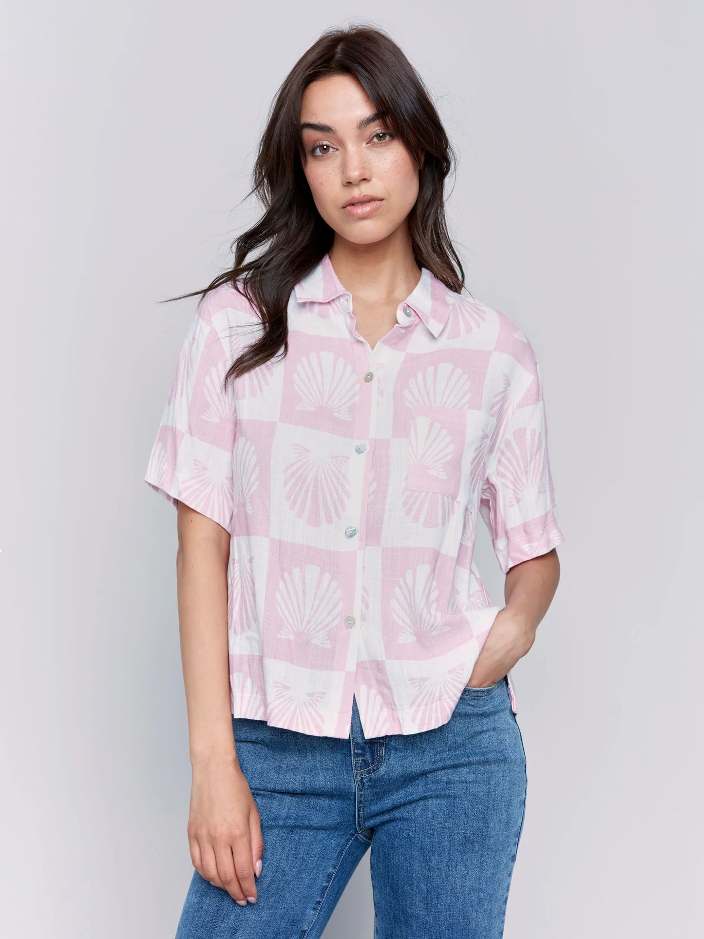 Short Sleeves Printed Woven Blouse with 1 Chest Pocket - Shell - BAY WINDOW