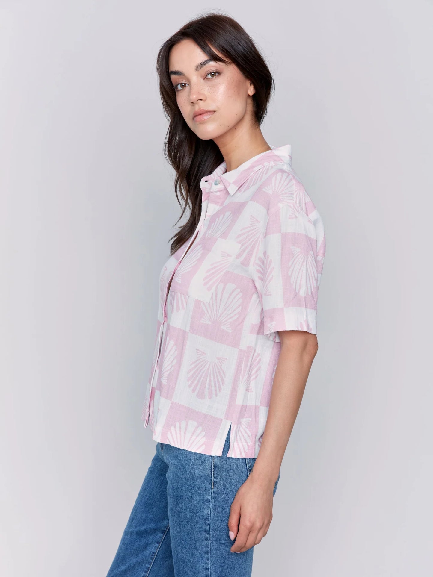 Short Sleeves Printed Woven Blouse with 1 Chest Pocket - Shell - BAY WINDOW
