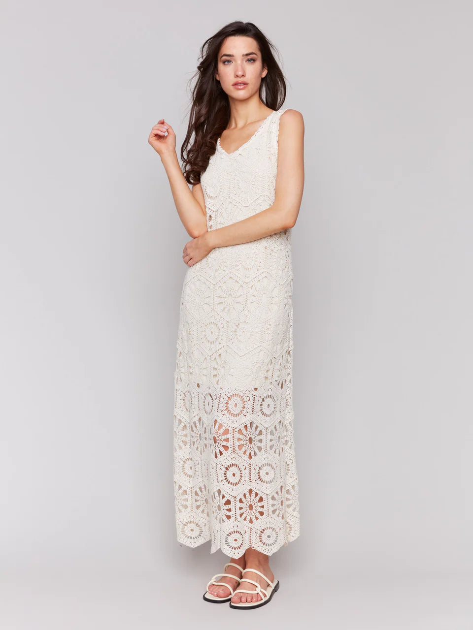 Crochet Sleeveless Maxi Dress - Natural - BAY WINDOW