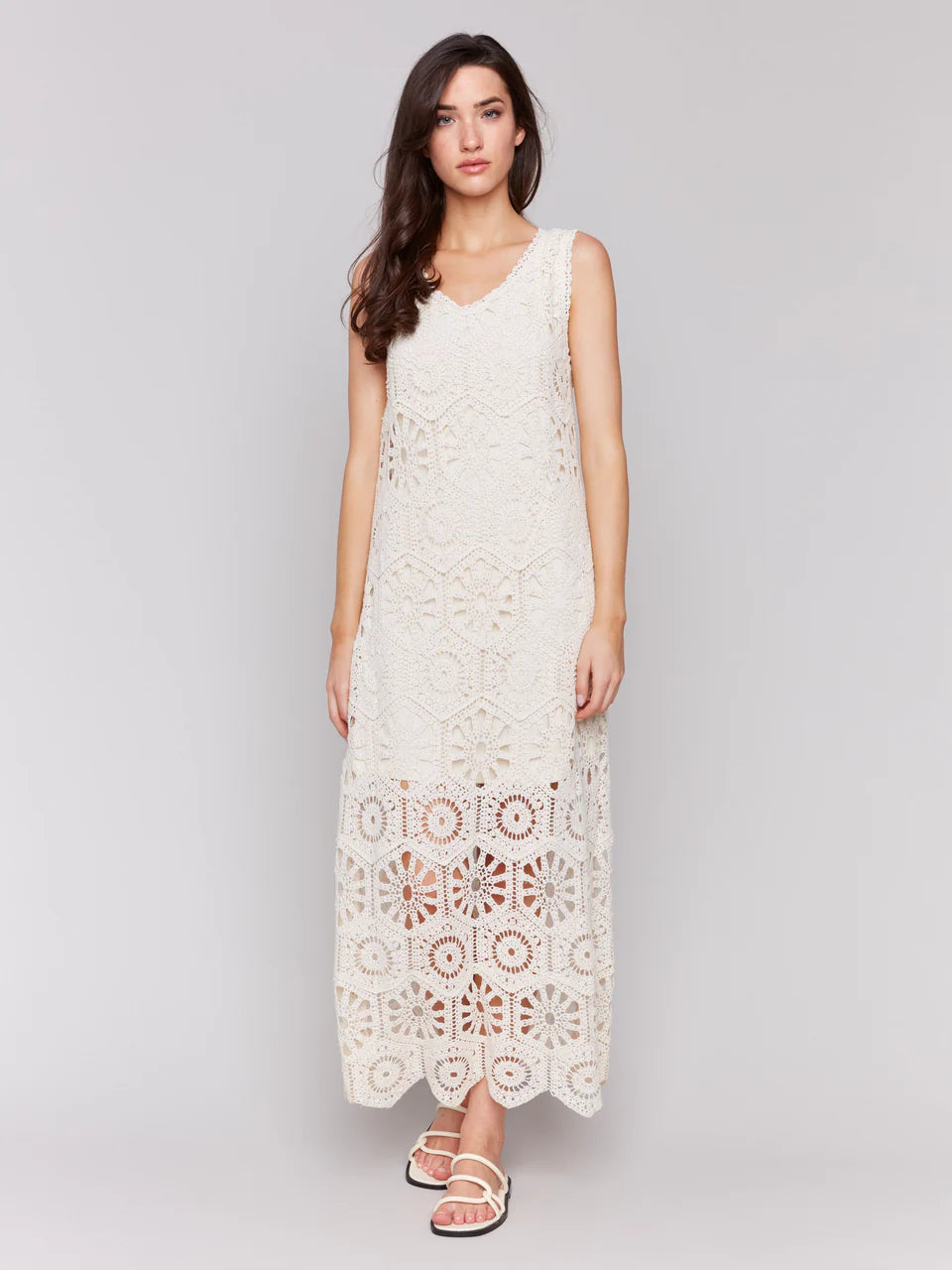 Crochet Sleeveless Maxi Dress - Natural - BAY WINDOW