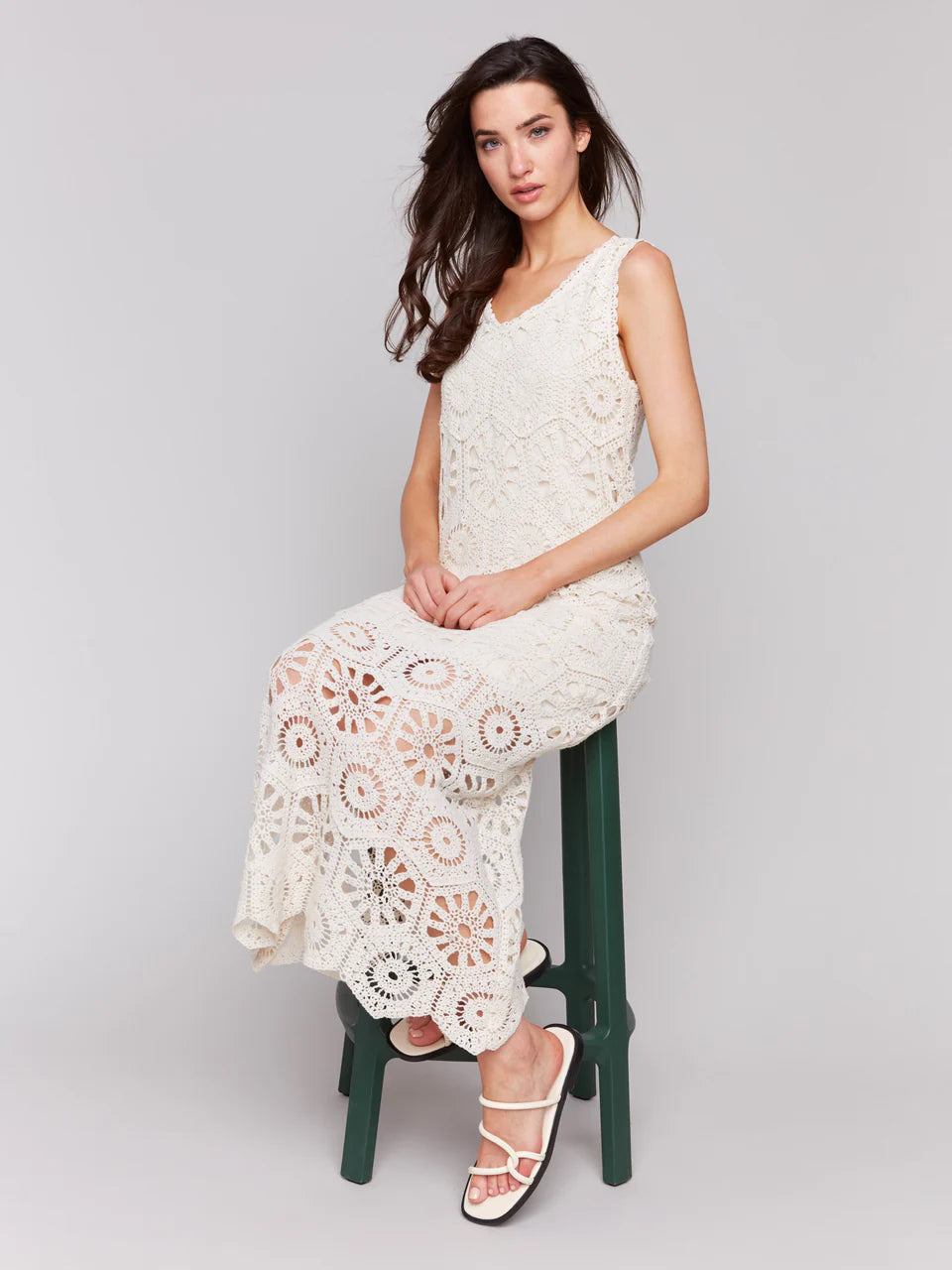 Crochet Sleeveless Maxi Dress - Natural - BAY WINDOW