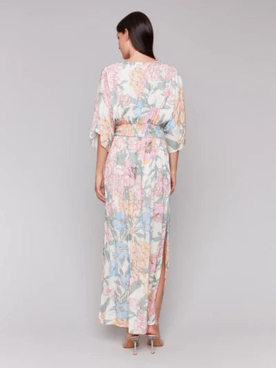 Printed Dolman Short Sleeves Maxi Dress with Side Slits - Dahlia - BAY WINDOW