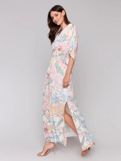 Printed Dolman Short Sleeves Maxi Dress with Side Slits - Dahlia - BAY WINDOW