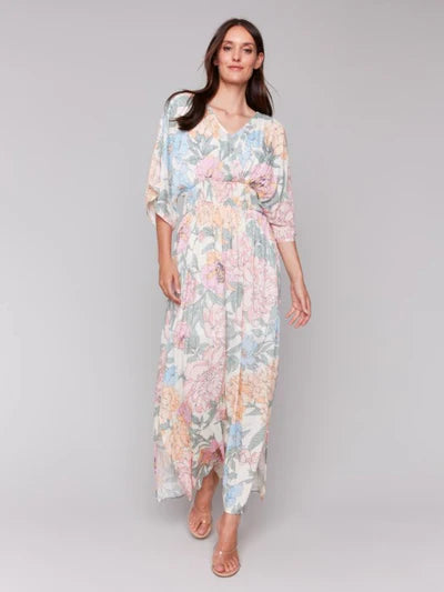 Printed Dolman Short Sleeves Maxi Dress with Side Slits - Dahlia - BAY WINDOW