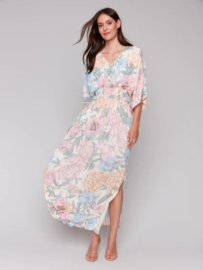 Printed Dolman Short Sleeves Maxi Dress with Side Slits - Dahlia - BAY WINDOW