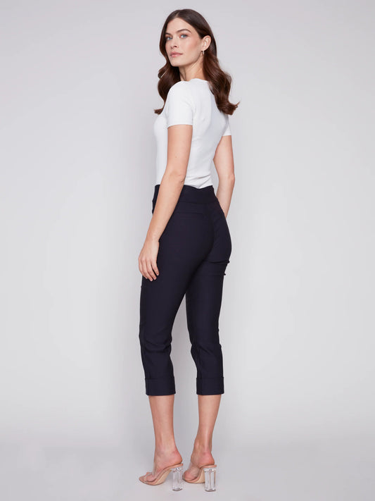 Solid Pull On Stretch Cropped Cuff Pant - Navy - BAY WINDOW