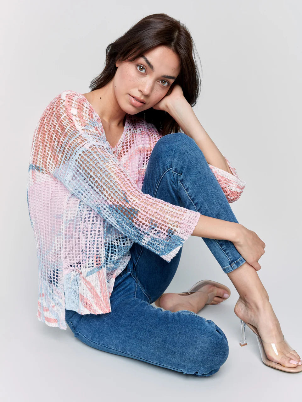 3/4 Sleeve V-Neck Printed Fishnet Sweater with Hi-Low Hem - Tropical - BAY WINDOW