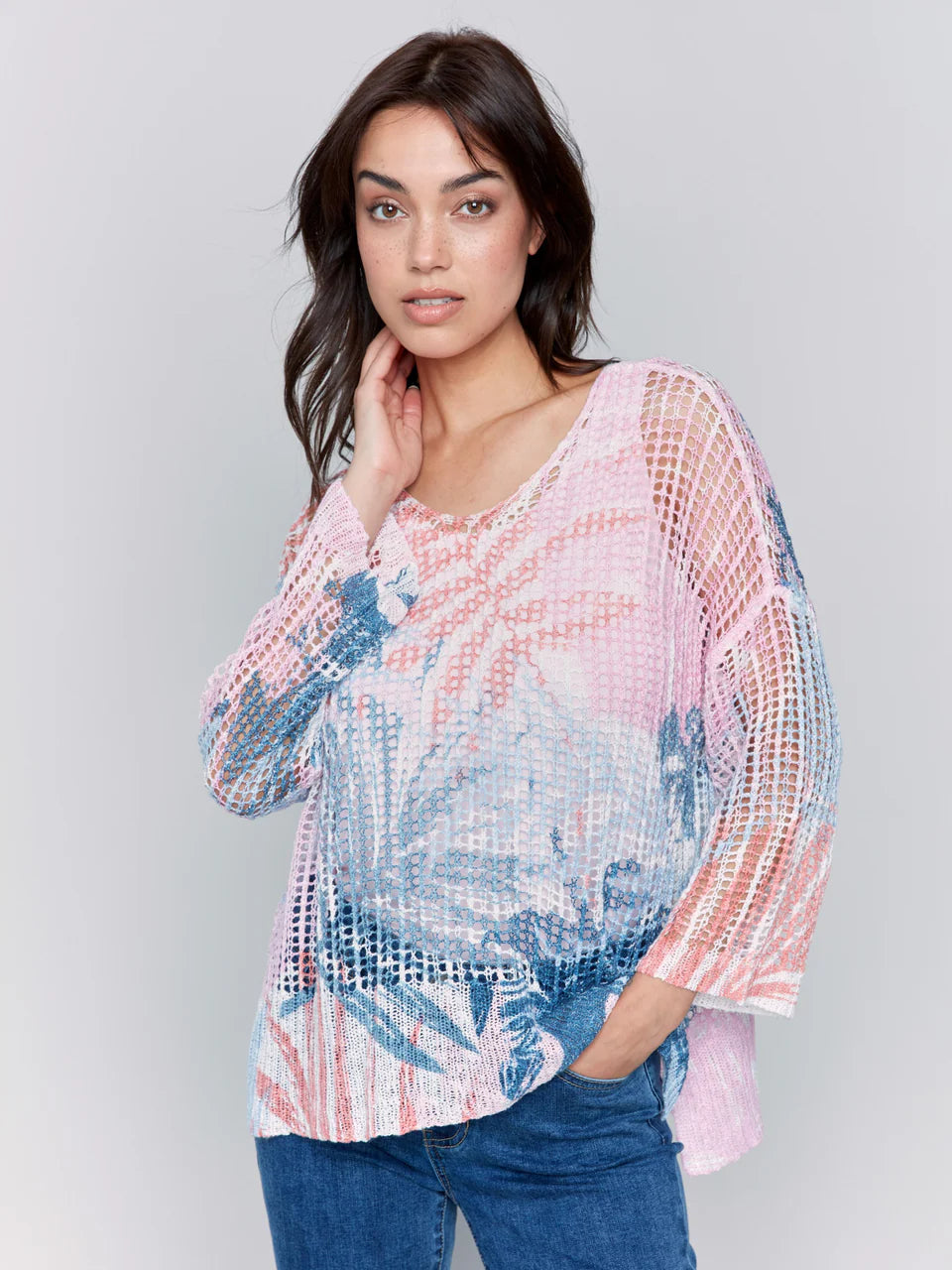 3/4 Sleeve V-Neck Printed Fishnet Sweater with Hi-Low Hem - Tropical - BAY WINDOW