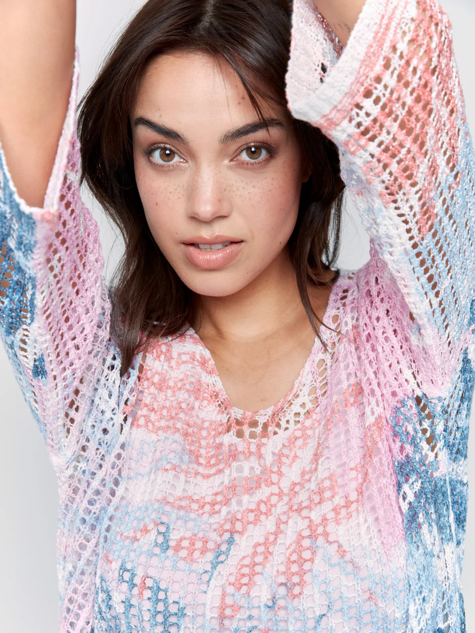 3/4 Sleeve V-Neck Printed Fishnet Sweater with Hi-Low Hem - Tropical - BAY WINDOW