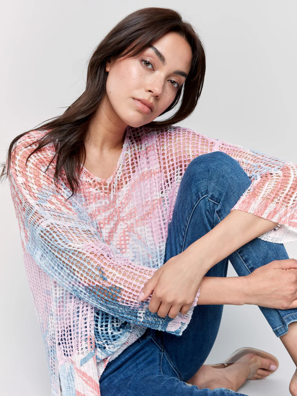 3/4 Sleeve V-Neck Printed Fishnet Sweater with Hi-Low Hem - Tropical - BAY WINDOW