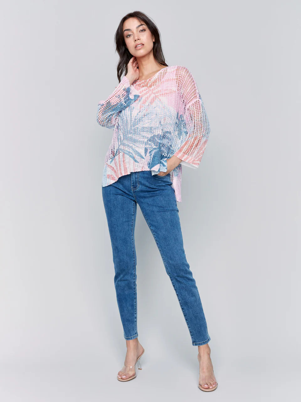 3/4 Sleeve V-Neck Printed Fishnet Sweater with Hi-Low Hem - Tropical - BAY WINDOW