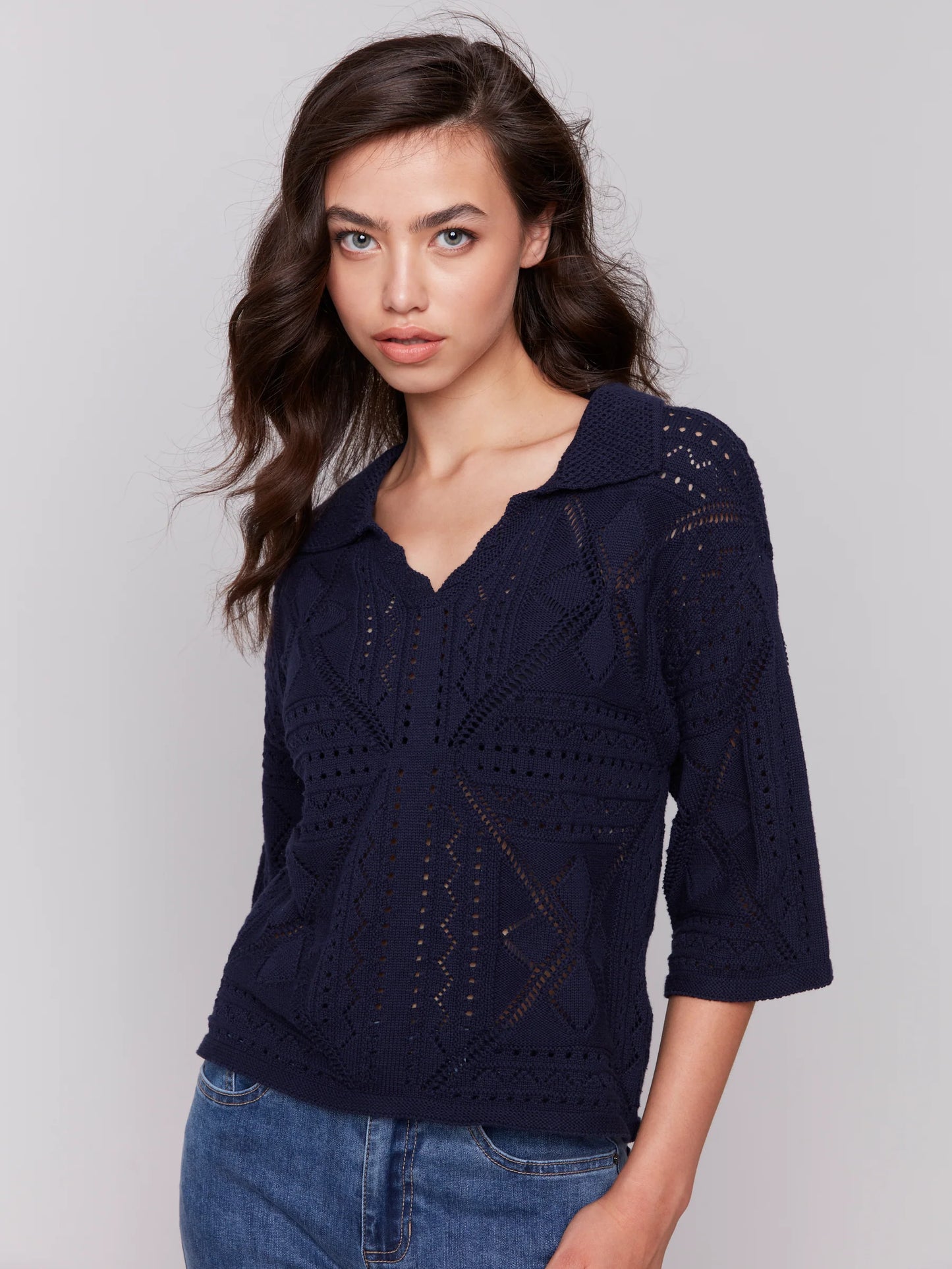 3/4 Sleeves Sweater in Pointelle Design - Navy - BAY WINDOW