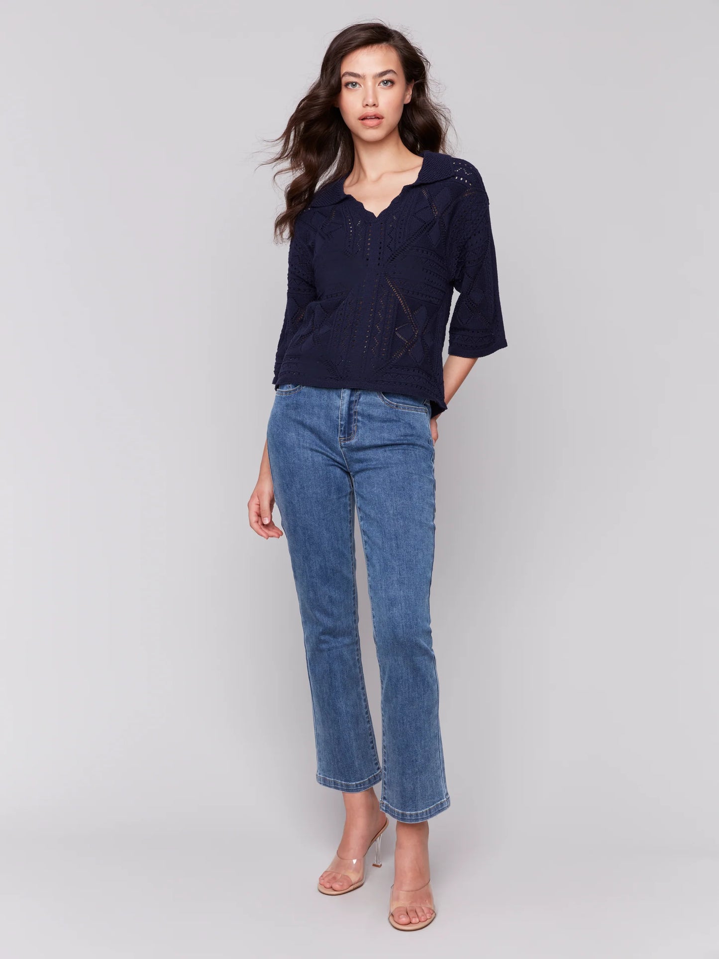 3/4 Sleeves Sweater in Pointelle Design - Navy - BAY WINDOW