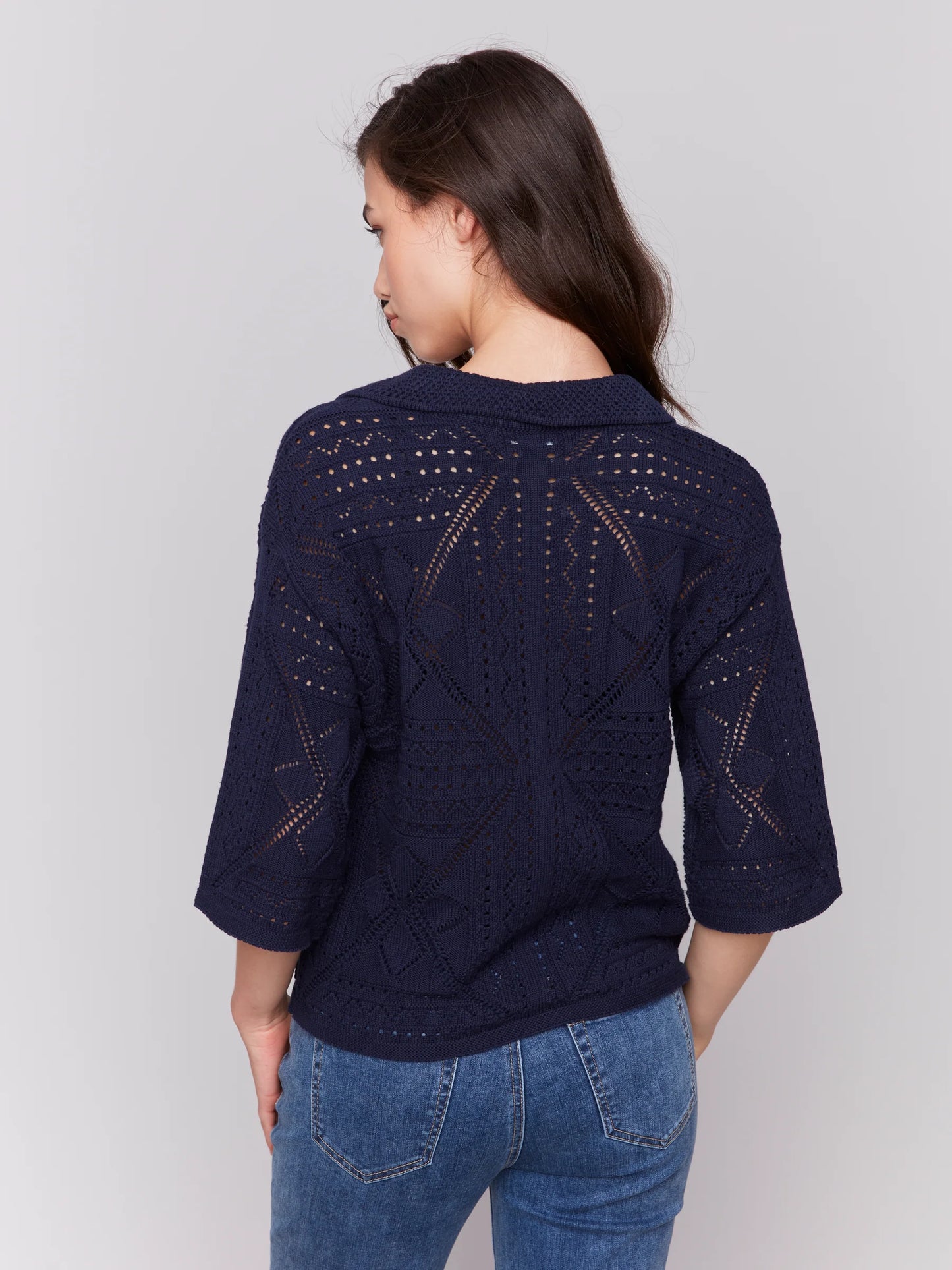 3/4 Sleeves Sweater in Pointelle Design - Navy - BAY WINDOW