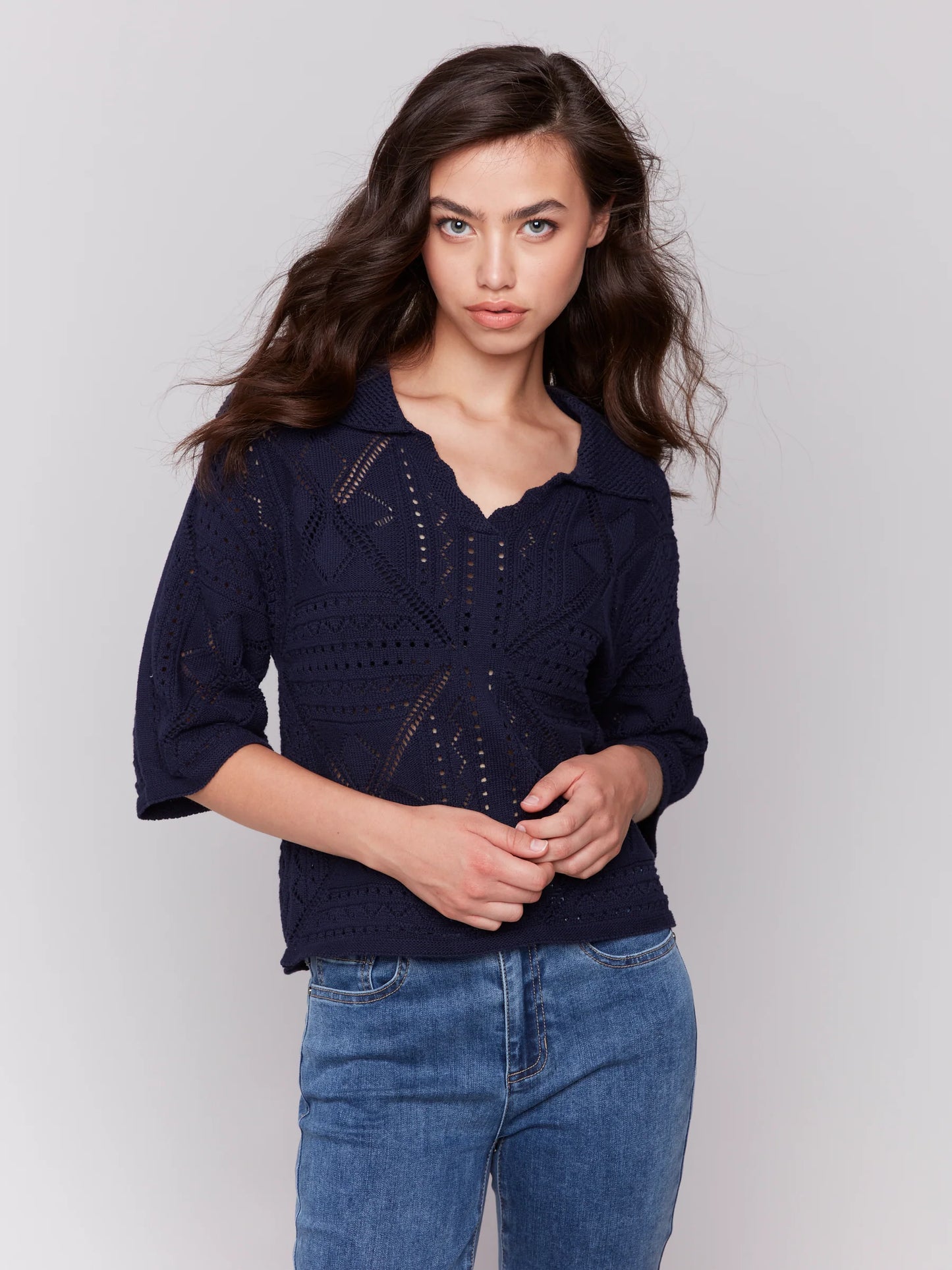 3/4 Sleeves Sweater in Pointelle Design - Navy - BAY WINDOW
