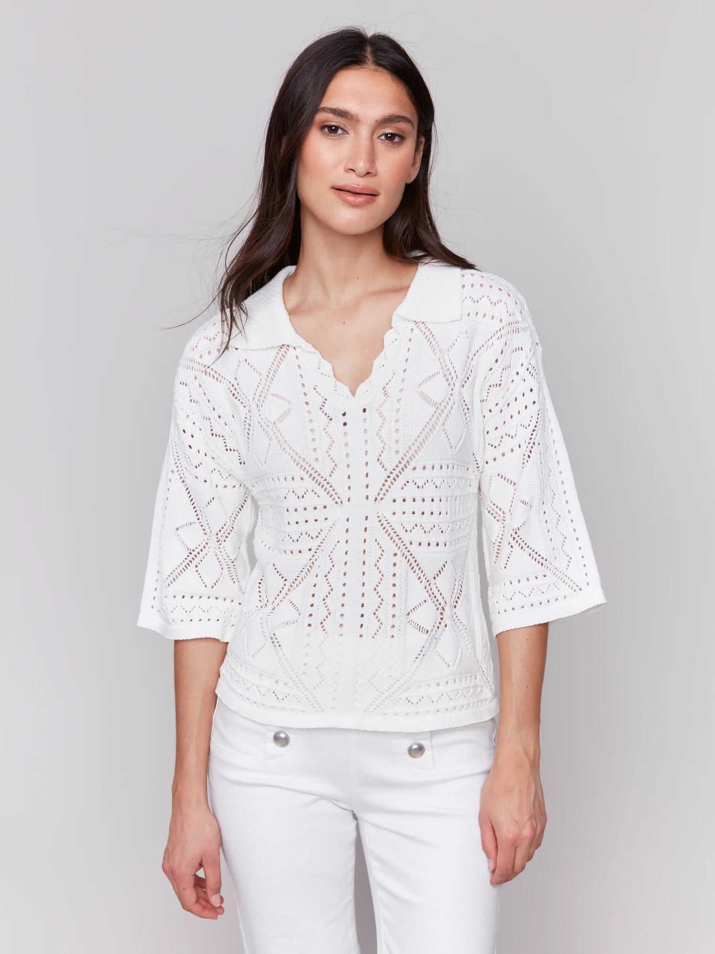 3/4 Sleeves Sweater In Pointelle Design - White - BAY WINDOW