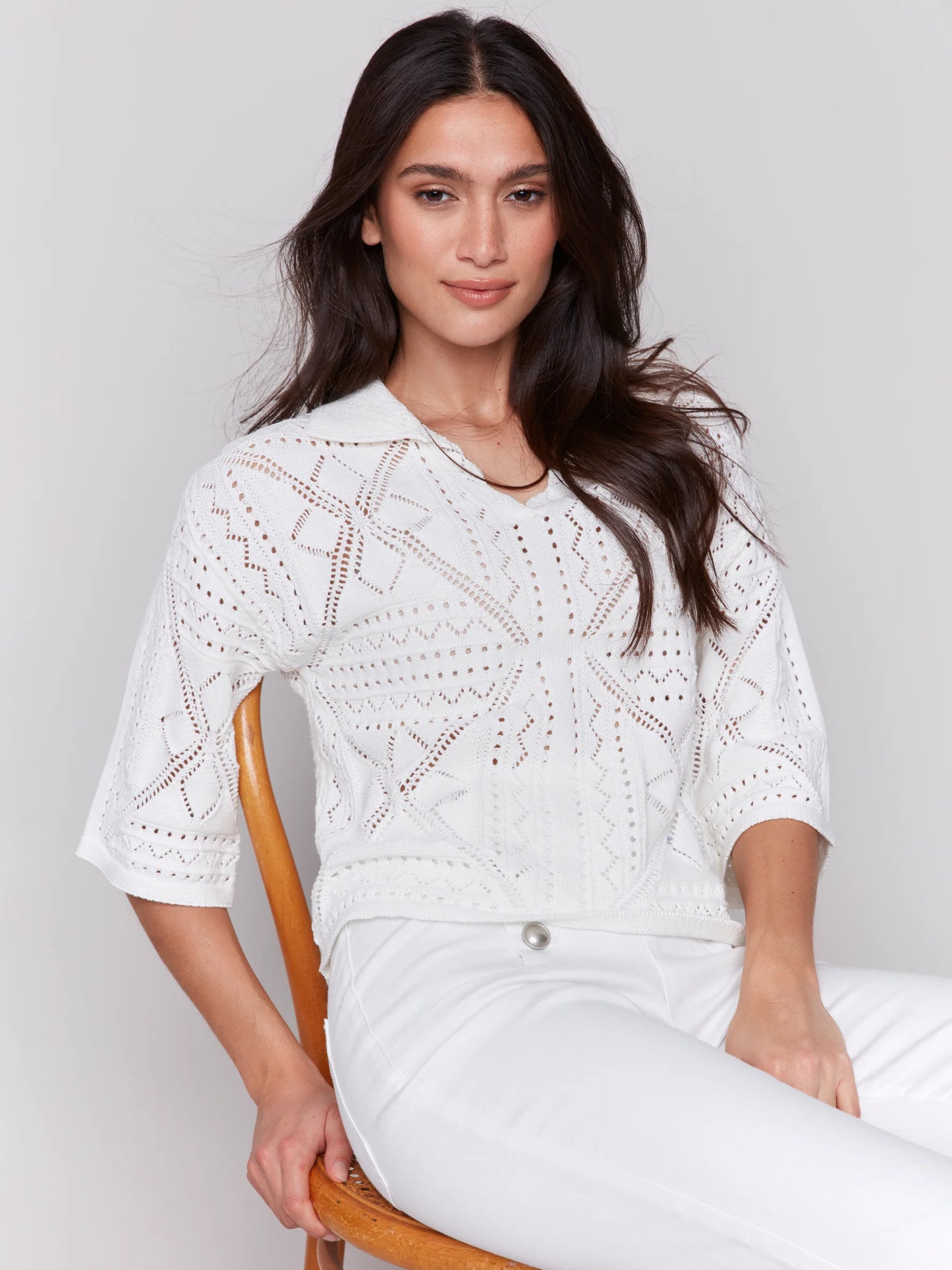 3/4 Sleeves Sweater In Pointelle Design - White - BAY WINDOW