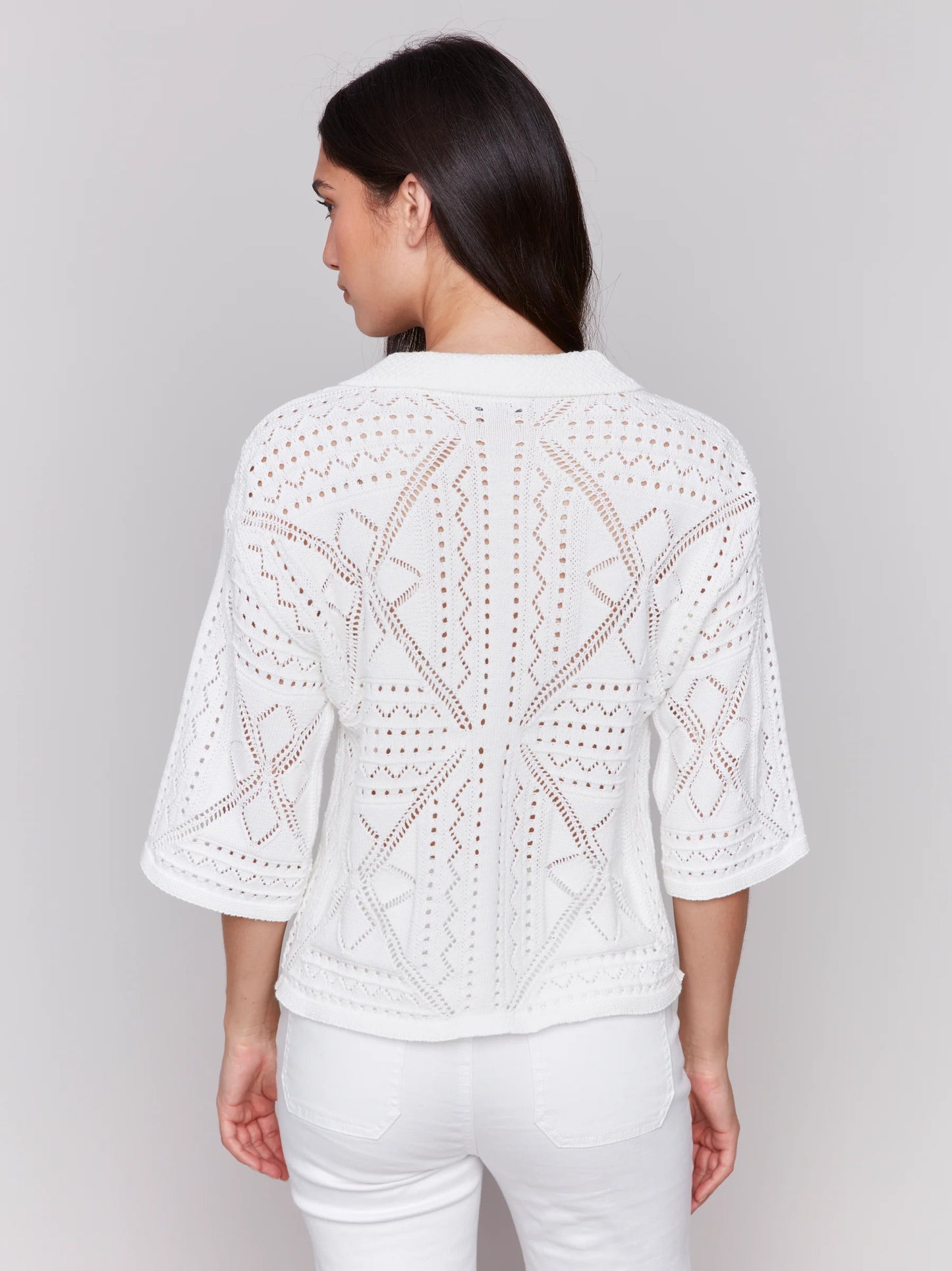 3/4 Sleeves Sweater In Pointelle Design - White - BAY WINDOW