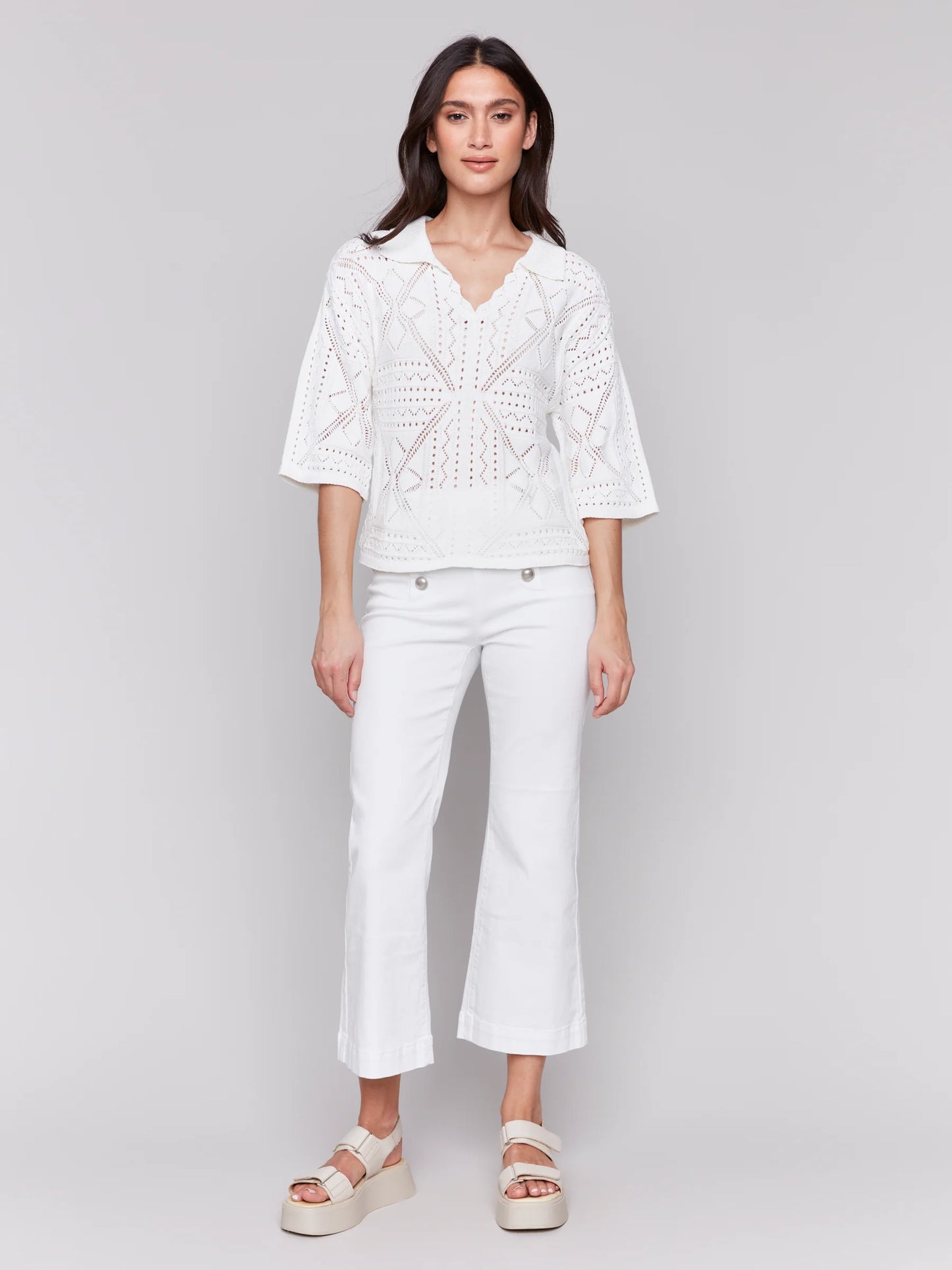 3/4 Sleeves Sweater In Pointelle Design - White - BAY WINDOW
