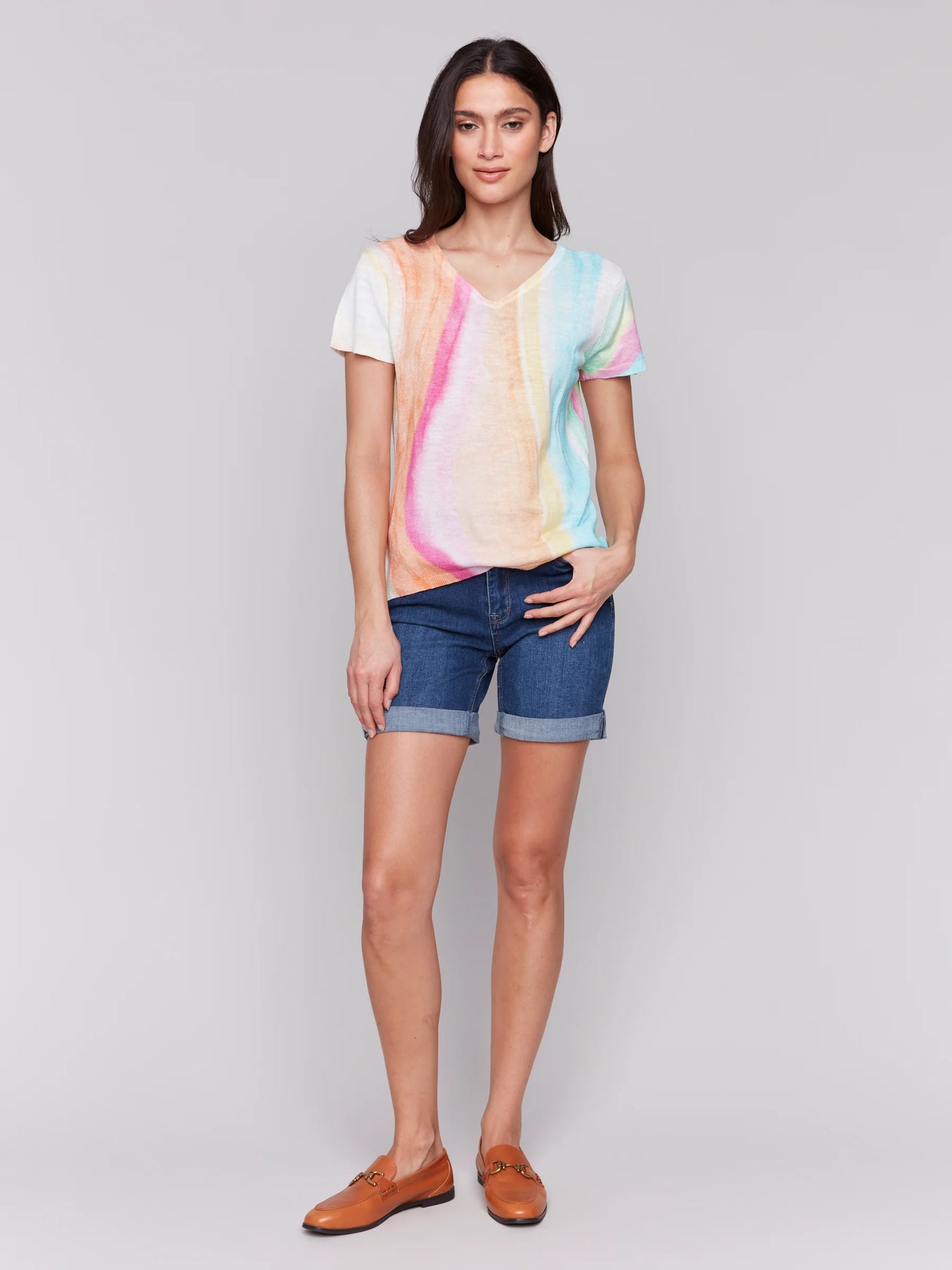 Short Sleeve Crew Neck Printed Sweater - Rainbow - BAY WINDOW